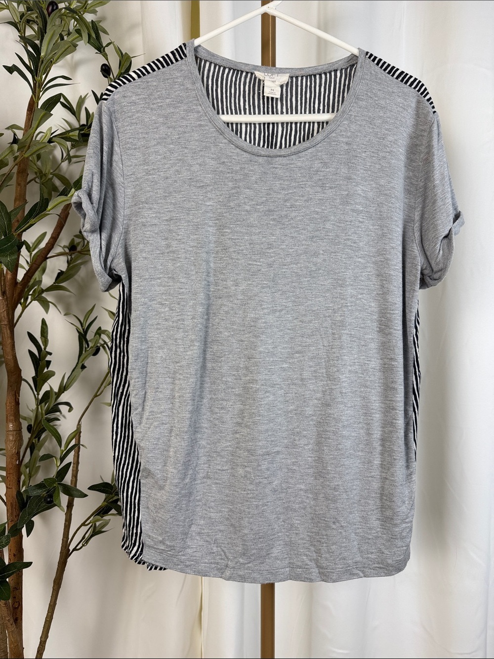 Loft Women's Grey Lounge Short-Sleeve Stripe-Back Tee Sz M (T4)